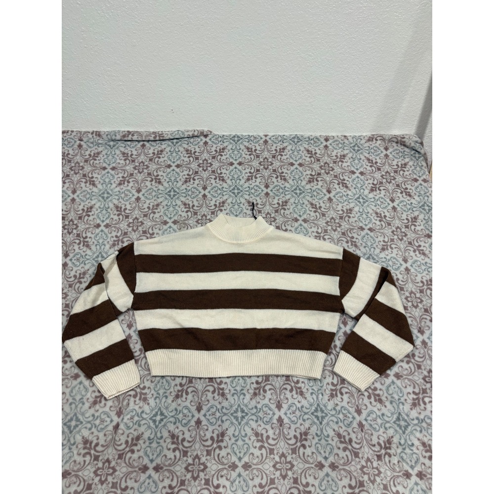 H&M Divided Womens Small Brown Cream Striped Mock Neck Cropped Knit Sweater